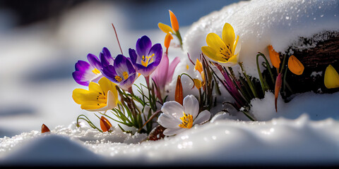 Close-up of vibrant spring flowers snowdrop blooming in the snow, on a bright day with natural elements. Generative AI