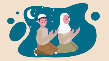 Praying couple in the night with their traditional and religious clothes. They are in night view which seems like bubble. ramadan vector.