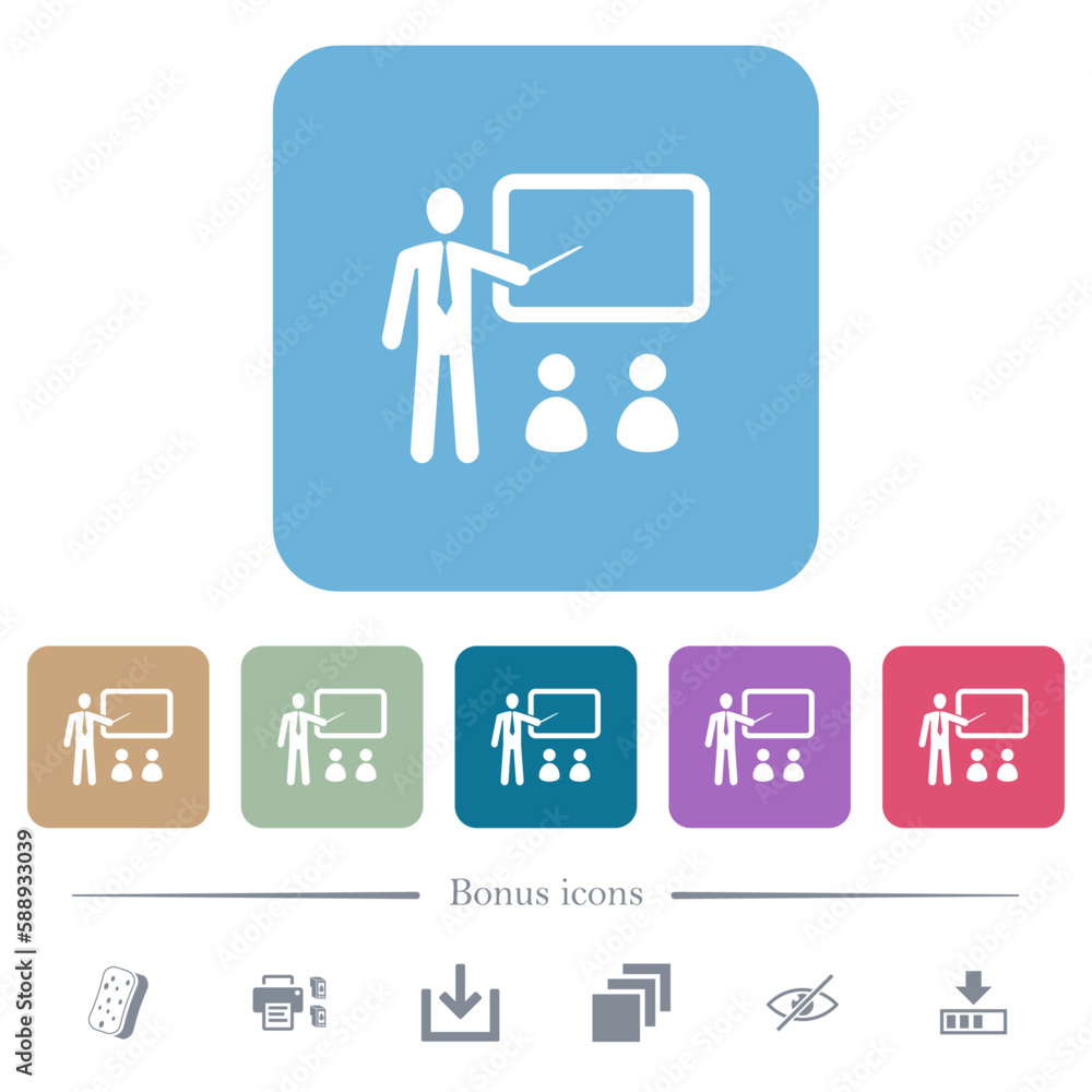 Poster training with students flat icons on color rounded square backgrounds