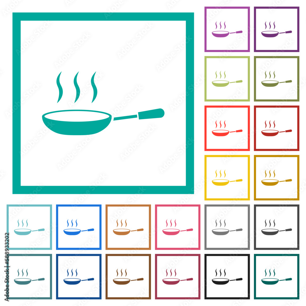 Poster steaming frying pan flat color icons with quadrant frames