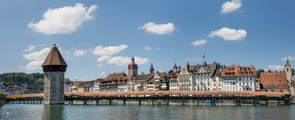 Panoramic view of the beautiful Chapel bridge in the city of Lucerne in Switzerland