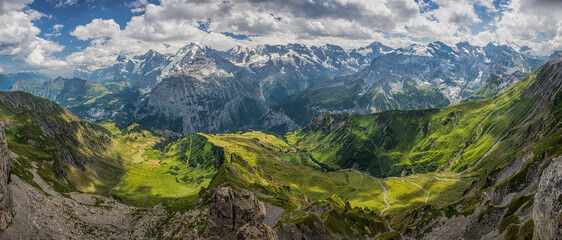 View of the Swiss Alps from the top of the Schilthorn during a warm summer