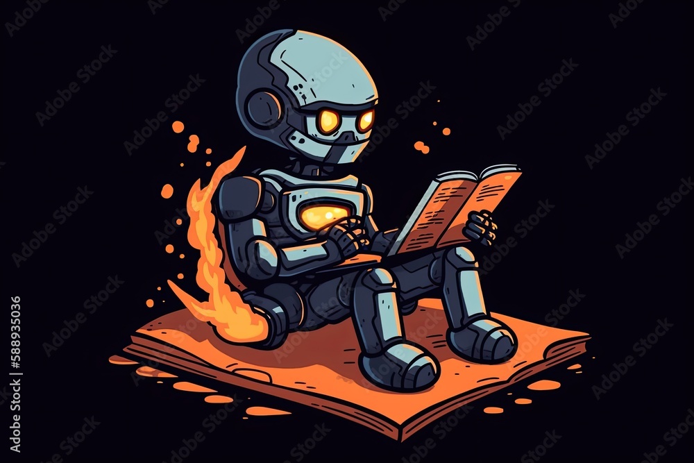 Poster robot sitting on a book and reading another book. generative ai
