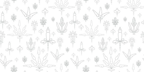 summer tropical pattern vector. Banana plant, pineapple and tropical flowers on white seamless repeat