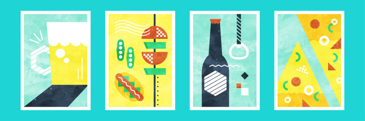 ビールとおつまみの水彩イラスト 夏のレトロポップなカードセット（昼）
