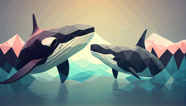 Low-poly pastel-colored whales gracefully swim in the serene waters, creating a mesmerizing and enchanting scene. Perfect minimalist design for any ocean lover. Generative AI