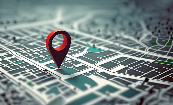 Three dimentional location marker on a city map. AI generated illustration.