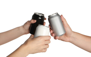 Friends clinking different cans on white background, closeup