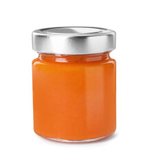 Jar of delicious pumpkin jam isolated on white