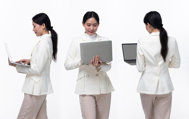 Half body 20s Asian Woman wear formal business blazer suit  dress pant shoes. Black long straight hair female hold laptop work confident, turn 360 from side rear back view, white background isolated