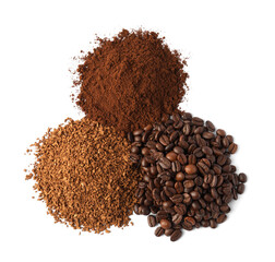 Beans, instant and ground coffee on white background, top view