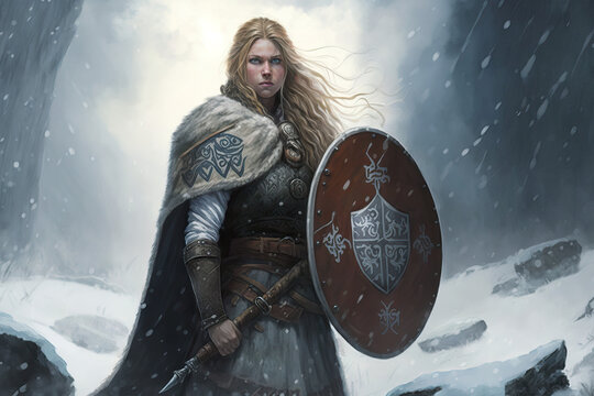 "Battle-Ready female Viking Shieldmaiden with Worn Shield" Generative AI