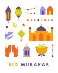 Eid Mubarak holiday poster. Eid Al Fitr greeting card design. Ramadan celebration flat vector illustration.