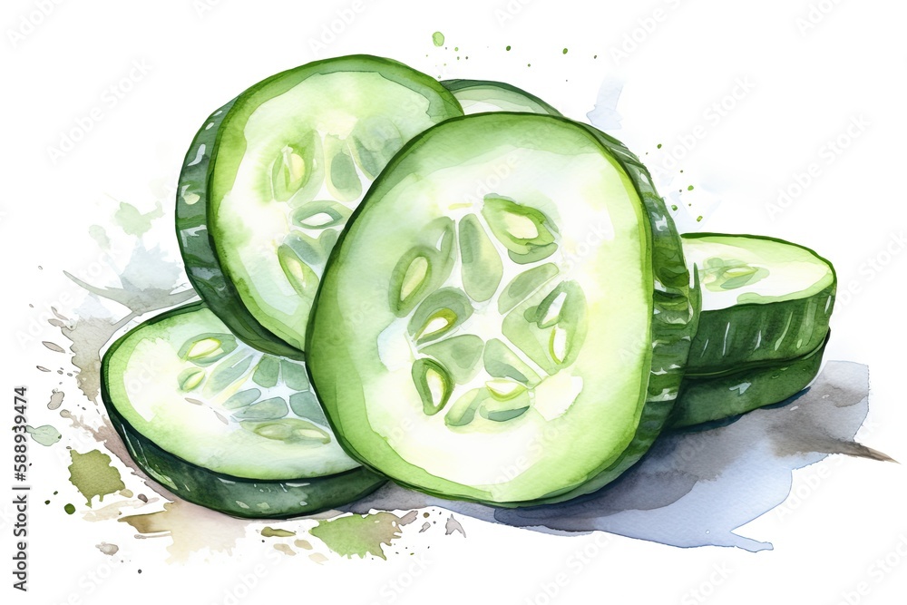 Poster fresh green cucumber slices arranged on a plain white background. generative ai