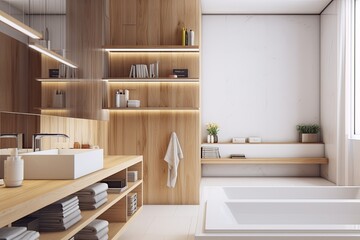 Fototapeta na wymiar cozy bathroom with wooden shelves and a freestanding bathtub. Generative AI