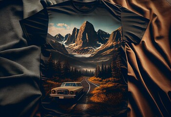 Fototapeta na wymiar Mountains retro tee-shirt design summer. Generative AI