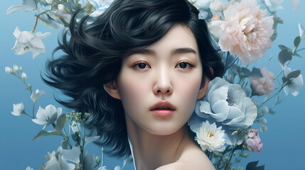 花と女性の美容イメージ（コスメ・エステ・髪の毛・美容室・ヘアケア・Generative AI）
