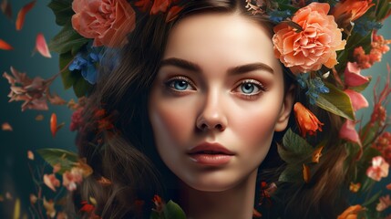 Naklejka premium 花と女性の美容イメージ（コスメ・エステ・髪の毛・美容室・ヘアケア・Generative AI） 