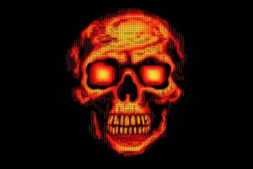 menacing skull with glowing eyes in a dark background. Generative AI