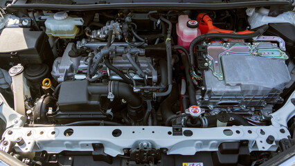 Close up image of car engine room