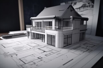 Architecture project with miniature house on top, Blueprint design with mini house, Generative AI