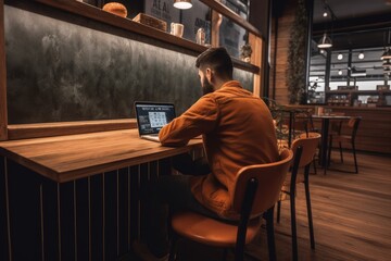 Fototapeta na wymiar Business man working with laptop in coffee shop, back man working on laptop, Generative AI