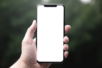 Hand holding smartphone with white screen, cell phone seen up close, Generative AI