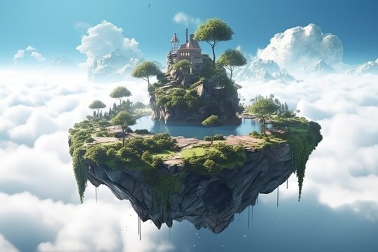 sky fantasy island, floating island with pools and trees, fairy
