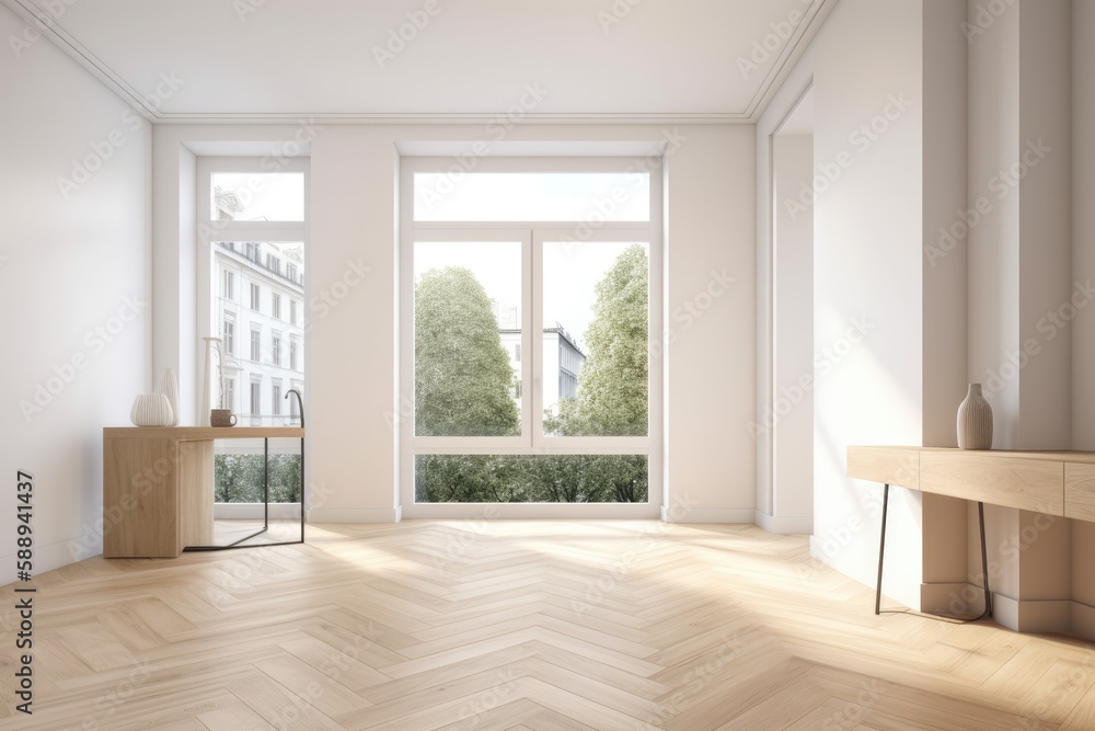 Poster an empty room with a table and a window. generative ai