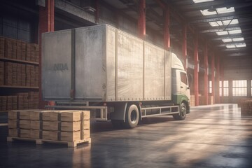 Cargo truck in distribution center, logistic warehouse, Generative AI