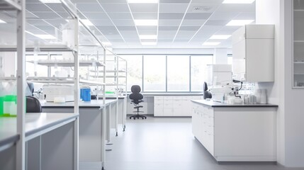 Scientific laboratory interior, research facilty, with white shelves and benches, modern design, AI generative