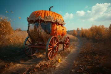 Pumpkin carriage on the road to the castle, Cinderella's pumpkin carriage, Generative AI