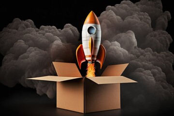 Rocket taking off from cardboard box on black background, Generative AI