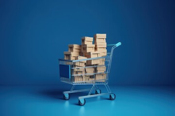 Shopping cart with cardboard boxes, Supermarket cart, blue background, Generative AI