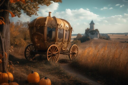 Pumpkin carriage on the road to the castle, Cinderella's pumpkin carriage, Generative AI