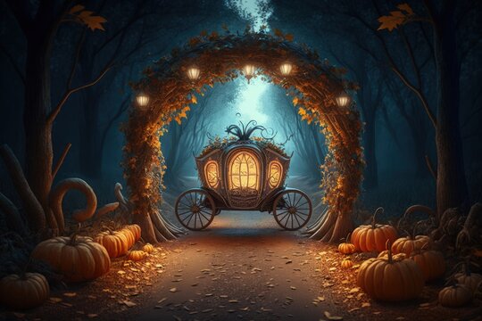 Pumpkin carriage on road in magic forest, Cinderella's pumpkin carriage, Generative AI