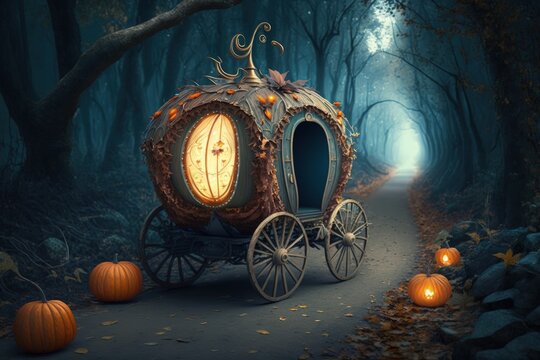 Pumpkin carriage on road in magic forest, Cinderella's pumpkin carriage, Generative AI