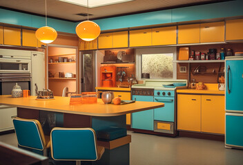 Retro kitchen interior design, blue and yellow. Generative AI