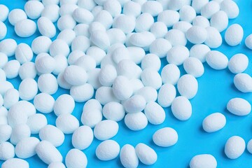 pile of white pills on a blue surface. Generative AI
