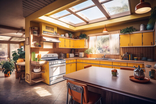 Retro kitchen interior design, yellow. Generative AI