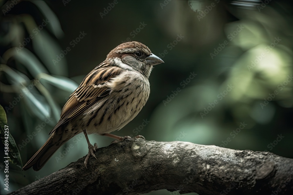 Poster cute little bird sitting on a tree branch in a natural setting. generative ai