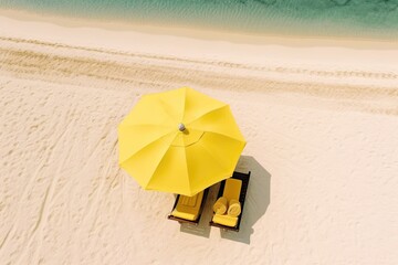 bright yellow umbrella on a sandy beach with ocean waves in the background. Generative AI