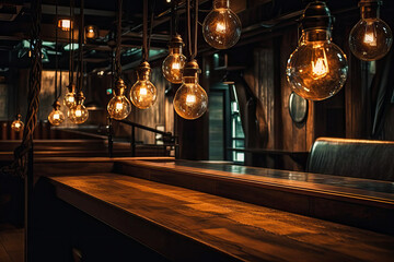 Hanging bare lights in nautical themed restaurant interior design. Generative AI