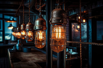 Fototapeta na wymiar Hanging lights in nautical themed restaurant interior design. Generative AI