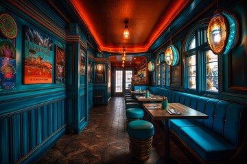 Nautical themed restaurant interior design. Generative AI