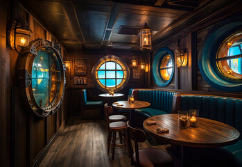 Obraz na płótnie Canvas Nautical themed restaurant interior design. Generative AI