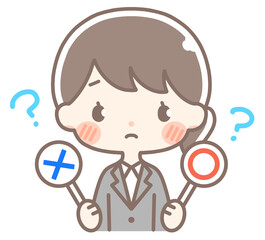 マルとバツの札で悩むスーツの女性