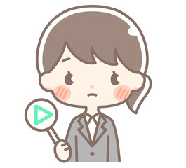 三角札を持つスーツの女性