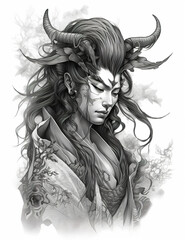 Fantasy character with Asian influences, monster or demon spirit, black white illustration, outline for coloring book page, AI generative coloring card