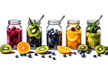 Fototapeta na wymiar colorful display of various fruits in mason jars. Generative AI